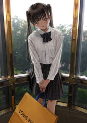 Rule 34 | 1girl, absurdres, bag, black bow, black bowtie, black skirt, blunt bangs, blush, bow, bowtie, brown hair, collared shirt, gishiki (gshk), head tilt, highres, holding, holding bag, indoors, long hair, long sleeves, looking at viewer, louis vuitton (brand), original, parted lips, plaid, plaid bow, plaid bowtie, plaid skirt, pleated skirt, shirt, shopping bag, skirt, smile, solo, twintails, v arms, white shirt, yellow eyes