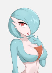 Rule 34 | 1girl, absurdres, alternate color, blue hair, blue skin, bob cut, breasts, collarbone, colored skin, creatures (company), female focus, game freak, gardevoir, gen 3 pokemon, grey background, half-closed eyes, hand to own mouth, hand up, highres, liu han, looking up, medium breasts, multicolored skin, nintendo, open mouth, pokemon, pokemon (creature), red eyes, shiny pokemon, shiny skin, short hair, simple background, solo, tongue, tongue out, two-tone skin, upper body, white skin