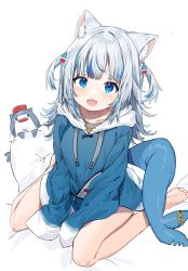 Rule 34 | 1girl, :d, animal ears, bare legs, barefoot, bed sheet, bloop (gawr gura), blue eyes, blunt bangs, cat ears, collarbone, commentary, fangs, fins, fish tail, from above, gawr gura, hair ornament, highres, hololive, hololive english, hood, hooded sweater, inuyayo, kemonomimi mode, long hair, long sleeves, looking at viewer, looking up, multicolored hair, open mouth, pillow, shark hair ornament, shark tail, sidelocks, silver hair, simple background, sitting, smile, streaked hair, sweater, symbol-only commentary, tail, two-tone hair, two side up, virtual youtuber, wariza, white background