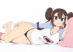 Rule 34 | 1girl, barefoot, black panties, blue eyes, blush, breasts, brown hair, cleavage, commentary, creatures (company), double bun, game freak, hair bun, large breasts, legs, long hair, long sleeves, looking at viewer, lying, nintendo, on side, panties, pokemon, pokemon bw2, raglan sleeves, revision, rosa (pokemon), shirt, simple background, solo, tottotonero, twintails, underwear, white background