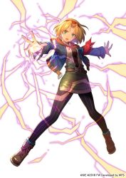 Rule 34 | 1girl, 2018, :o, belt, black pantyhose, blonde hair, blue jacket, brown footwear, cecilia lynne adelhyde, commentary, earrings, electricity, full body, green eyes, green skirt, hairband, hood, jacket, jewelry, legs apart, looking at viewer, magic, official art, open mouth, outstretched arms, pantyhose, red hairband, serious, shoes, short hair, simple background, skirt, solo, spread arms, standing, striped clothes, striped pantyhose, tetsukuzu tetsuko, vertical-striped clothes, vertical-striped pantyhose, white background, wild arms, wild arms: million memories, wild arms 1