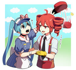 2girls ahoge apron black_eyes black_necktie blue_dress blue_hair border bug butterfly cowboy_shot dress drill_hair gloves hat hatsune_miku highres holding holding_unworn_clothes holding_hands holding_hat holding_unworn_clothes insect kasane_teto long_hair mesmerizer_(vocaloid) multiple_girls necktie open_mouth outside_border puffy_short_sleeves puffy_sleeves red_eyes red_hair sato_(r017xts117) sharp_teeth shirt short_sleeves smile striped_clothes striped_shirt suspenders sweat teeth tongue tongue_out translated twin_drills twintails unworn_hat unworn_headwear utau very_long_hair vocaloid white_apron white_border yellow_gloves