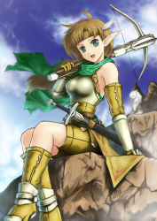 Rule 34 | bow (weapon), brown hair, crossbow, elf, feathers, green eyes, griffin, long hair, monster, original, pointy ears, scarf, solo, sword, tomw, weapon