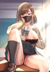 Rule 34 | 1girl, absurdres, black bra, black panties, black socks, blue eyes, bra, bra pull, breasts, brown hair, clothes pull, desk, female pubic hair, hair ornament, hairpin, hand on own cheek, hand on own face, highres, large breasts, looking at viewer, mask, mibushiro, mouth mask, on desk, one breast out, original, panties, pleated skirt, pubic hair, school uniform, short hair, sitting, on desk, skirt, socks, solo, spread legs, underwear, upskirt