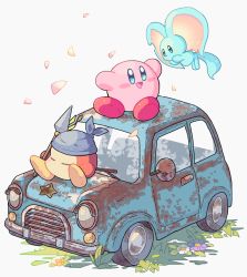 Rule 34 | bandana waddle dee, blue eyes, blush, car, closed eyes, colored skin, elfilin, flower, full body, grass, heterochromia, kirby, kirby (series), kirby and the forgotten land, looking at another, motor vehicle, mutekyan, nintendo, no humans, on vehicle, open mouth, petals, pink skin, polearm, purple flower, rust, spear, triangle mouth, vehicle focus, weapon, white background, white flower, yellow flower