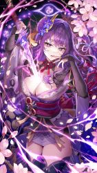 Rule 34 | 1girl, breasts, bridal gauntlets, cherry blossoms, cleavage, electricity, finger to mouth, flower, genshin impact, hair flower, hair ornament, highres, human scabbard, japanese clothes, kimono, long hair, looking at viewer, medium breasts, mitsudomoe (shape), mole, mole under eye, musou isshin (genshin impact), nail polish, obi, obiage, obijime, okuma mai, parted lips, petals, purple eyes, purple flower, purple hair, purple kimono, purple nails, raiden shogun, sash, short kimono, shrug (clothing), solo, sword, thighhighs, thighs, tomoe (symbol), weapon