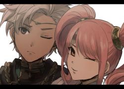 Rule 34 | 1boy, 1girl, boey (fire emblem), brown eyes, circlet, dark skin, fire emblem, fire emblem echoes: shadows of valentia, highres, kometubu0712, letterboxed, long hair, mae (fire emblem), nintendo, one eye closed, open mouth, pink hair, portrait, simple background, twintails, white background, white hair
