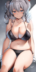 Rule 34 | 1girl, artist name, belko, bikini, black bikini, blue eyes, blush, breasts, cleavage, closed mouth, collarbone, dated, gloves, grey hair, hair ornament, highres, kantai collection, kashima (kancolle), large breasts, long hair, looking at viewer, navel, side-tie bikini bottom, sitting, skindentation, smile, solo, steam, swimsuit, thighs, twintails, white gloves