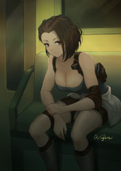 Rule 34 | 1girl, absurdres, bare shoulders, black shorts, blue shirt, boots, breasts, brown eyes, brown hair, cleavage, closed mouth, highres, jill valentine, large breasts, looking at viewer, resident evil, resident evil 3, resident evil 3: nemesis, shirt, short hair, shorts, sitting, solo, train interior, wingure