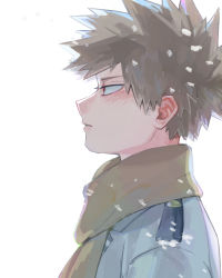 Rule 34 | 1boy, absurdres, bakugou katsuki, blonde hair, blouse, boku no hero academia, commentary, from side, grey shirt, highres, male focus, parted lips, portrait, red eyes, scarf, school uniform, shirt, short hair, simple background, solo, spiked hair, u.a. school uniform, unou (unou mha), white background, yellow scarf