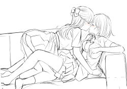 Rule 34 | 2girls, betock, bow, bowtie, bra, breasts, closed eyes, commentary request, couch, greyscale, hair bow, half updo, highres, imminent kiss, kiss, long hair, medium breasts, monochrome, multiple girls, no shoes, on couch, open mouth, original, panties, pleated skirt, school uniform, shirt tucked in, short hair, short sleeves, sketch, skirt, spot color, sweat, tongue, tongue out, underwear, yuri