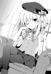 Rule 34 | 1girl, ;), alternate costume, ascot, beret, bow, bowtie, closed mouth, couch, crossed legs, curtains, dango, fate/grand order, fate (series), food, hanabana tsubomi, hat, head rest, holding, holding food, homurahara academy school uniform, long hair, looking at viewer, lord el-melloi ii case files, one eye closed, pantyhose, reines el-melloi archisorte, school uniform, short sleeves, skirt, smile, solo, vest, wagashi