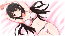 Rule 34 | 1girl, akiba&#039;s trip, akiba&#039;s trip 1, bed, bed sheet, black hair, blunt bangs, blush, bra, breasts, brown eyes, cleavage, copyright name, cougar (cougar1404), fumizuki rui, lace, lace-trimmed bra, lace-trimmed panties, lace trim, long hair, looking at viewer, medium breasts, panties, pink bra, pink panties, solo, underwear, underwear only, white background