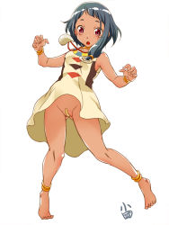 Rule 34 | 10s, 1girl, :o, anklet, armpits, asymmetrical hair, bandaid, bandaid on pussy, bare shoulders, barefoot, black hair, blue hair, blush, bracelet, breasts, choi mochimazzui, dress, feet, full body, groin, hair ornament, jewelry, legs, legs apart, looking at viewer, lots of jewelry, neck ring, necklace, no panties, open mouth, partially visible vulva, pink eyes, red eyes, short dress, short eyebrows, short hair, short hair with long locks, sidelocks, signature, simple background, sleeveless, sleeveless dress, small breasts, solo, standing, surprised, tamako market, upskirt, white background, yellow dress, yoshinobu okuni