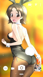 Rule 34 | 1girl, alternate costume, animal ears, arched back, ass, back, black leotard, black pantyhose, blush, breasts, brown eyes, brown hair, collar, commentary, cowboy shot, detached collar, fake animal ears, fake tail, fishnet pantyhose, fishnets, from behind, frown, girls und panzer, highres, leotard, light particles, looking at viewer, looking back, nakahira guy, oono aya, open mouth, pantyhose, parted bangs, fake phone screenshot, photo (object), playboy bunny, rabbit ears, rabbit tail, sawa azusa, short hair, side-tie leotard, small breasts, solo, standing, strapless, strapless leotard, sweat, tail, taking picture, utsugi yuuki, white collar, wrist cuffs