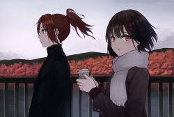 Rule 34 | absurdres, bad id, bad pixiv id, black hair, black jacket, blush, bow, brown hair, brown jacket, closed mouth, cloud, cloudy sky, cup, fence, gekijouban hibike! euphonium, grey scarf, hair bow, hibike! euphonium, highres, hill, hisaishi kanade, holding, holding cup, jacket, long hair, mellow4043, nakagawa natsuki, open mouth, outdoors, ponytail, purple eyes, red bow, red eyes, river, scarf, short hair, sky, standing, tree, water