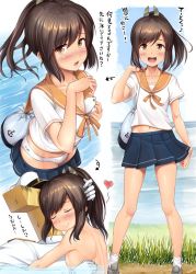 Rule 34 | 10s, 1boy, 1girl, bad id, bad twitter id, bag, beach, blush, breasts, brown eyes, brown hair, bush, closed eyes, clothes pull, collarbone, day, gloves, hat, hetero, hug, i-401 (kancolle), ichikawa feesu, kantai collection, long hair, looking at viewer, midriff peek, military, military uniform, multiple views, nude, ocean, open mouth, panties, pleated skirt, ponytail, sailor collar, school uniform, serafuku, skirt, skirt pull, small breasts, t-head admiral, translation request, underwear, uniform, white gloves, white hat, white panties