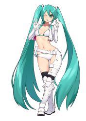 Rule 34 | 1girl, ;p, absurdly long hair, absurdres, aqua hair, asymmetrical legwear, belt, belt pouch, bikini, black thighhighs, boots, breasts, breasts apart, commentary, cowfee, cropped jacket, crossed legs, double v, elbow gloves, english commentary, full body, gloves, gluteal fold, green eyes, hair between eyes, hatsune miku, highres, knee boots, long hair, looking at viewer, navel, one eye closed, pouch, racing miku, simple background, small breasts, smile, solo, standing, swimsuit, thighhighs, tongue, tongue out, twintails, uneven legwear, v, very long hair, vocaloid, watson cross, white background, white bikini, white footwear, white gloves