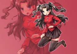 Rule 34 | 1girl, black hair, black thighhighs, fate/stay night, fate (series), gradient background, green eyes, highres, red background, samoore, simple background, solo, thighhighs, tohsaka rin, two side up, zoom layer