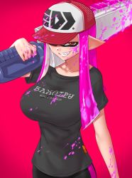 Rule 34 | 1girl, aged up, black shirt, breasts, clenched teeth, collarbone, domino mask, hat, highres, inkling, inkling girl, inkling player character, large breasts, long hair, looking at viewer, mask, nintendo, paint on body, paint on clothes, pink hair, pointy ears, red background, red eyes, red hat, shirt, short sleeves, simple background, smile, solo, splatoon (series), splatoon 3, taka-michi, teeth