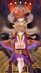 Rule 34 | 2girls, arms around neck, black hair, black wings, blue shirt, boots, bracelet, brown footwear, brown hair, brown headwear, commentary request, cowboy boots, cowboy hat, curtains, feathered wings, grin, hat, highres, holding, jewelry, kurokoma saki, long hair, multiple girls, neckerchief, on chair, pink shirt, pointy hair, purple skirt, red eyes, risui (suzu rks), ritual baton, shirt, sitting, skirt, smile, star (symbol), sword, touhou, toyosatomimi no miko, weapon, wings, yellow eyes