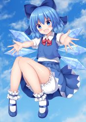 Rule 34 | 1girl, :d, absurdres, ankle garter, bloomers, blue bow, blue dress, blue eyes, blue footwear, blue hair, blue skirt, blue sky, blue vest, blush, bobby socks, bow, bowtie, buttons, cirno, collared shirt, commentary request, dot nose, dress, eyelashes, flat chest, floating, footwear ornament, full body, hair bow, happy, highres, ice, looking at viewer, mary janes, open mouth, outstretched arm, puffy short sleeves, puffy sleeves, red bow, red bowtie, shiny skin, shirt, shoes, short hair, short sleeves, skirt, sky, smile, snowflake ornament, socks, solo, suigetsu (watermoon-910), thighs, tongue, touhou, underwear, vest, white shirt, white socks, wing collar