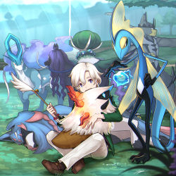 Rule 34 | 1boy, alternate eye color, alternate hair color, black skin, blue eyes, blue hair, blue skin, brown footwear, bubble, calyrex, calyrex (shadow rider), cat teaser, closed eyes, colored skin, commentary request, creatures (company), day, dynamax band, game freak, gen 2 pokemon, gen 5 pokemon, gen 8 pokemon, green jacket, hair between eyes, hand on own hip, holding, indian style, inteleon, jacket, larvesta, legendary pokemon, light rays, long hair, long sleeves, looking at another, looking at viewer, looking down, lying, male focus, multicolored skin, nature, nintendo, on grass, on ground, on side, outdoors, pants, parted bangs, pokemon, pokemon (creature), pokemon swsh, purple hair, red eyes, reins, riding, riding pokemon, shoes, short hair, signature, sitting, sleeping, smile, spectrier, standing, suicune, sunlight, tenyo0819, tree, two-tone skin, urshifu, urshifu (single), victor (pokemon), water, white hair, white pants, yellow eyes, zacian, zacian (hero)