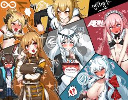 Rule 34 | !?, 1boy, 6+girls, :d, absurdres, ahoge, amiya (arknights), anger vein, angry, animal ears, ansel (arknights), arknights, ascot, bear ears, bikini, black bow, black bowtie, black bra, black cape, black jacket, black panties, black pantyhose, black wristband, blonde hair, blue ascot, blue eyes, blue hair, blue skirt, blush, bow, bowtie, bra, braid, brand name imitation, breastfeeding, breasts, breasts out, brown coat, brown hair, cape, ceobe (arknights), cleavage, clenched teeth, coat, collarbone, copyright name, covering crotch, covering privates, crossdressing, demon horns, dog ears, dog girl, dog tail, fang, folded ponytail, full-face blush, fur-trimmed jacket, fur trim, groin, hand on another&#039;s head, hand up, heart, heart in mouth, heterochromia, highres, holding, horns, ifrit (arknights), ifrit (sunburn) (arknights), infection monitor (arknights), jacket, kjerag logo, lactation, large breasts, leopard ears, leopard girl, leopard tail, lion ears, lion girl, long sleeves, looking at viewer, manggapaegtoli, mouth hold, multicolored hair, multiple girls, navel, official alternate costume, open clothes, open jacket, open mouth, orange eyes, panties, pantyhose, pink eyes, plaid, plaid skirt, pleated skirt, pout, pramanix (arknights), rabbit boy, rabbit ears, red bow, red eyes, rhine lab logo, rhodes island logo (arknights), rim billiton logo, rosa (arknights), shaded face, shirt, side braids, sidelocks, siege (arknights), simple background, skanehfdl33, skirt, smile, sparkling eyes, speech bubble, spoken interrobang, stomach, streaked hair, sweatdrop, sweater, swimsuit, tail, tearing up, teeth, tiara, trap, trembling, turtleneck, turtleneck sweater, underwear, utensil in mouth, v-shaped eyebrows, white bikini, white hair, white jacket, white shirt, white sweater, yellow eyes, yuri, zima (arknights)