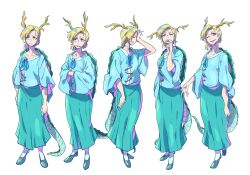 Rule 34 | 1girl, antlers, blonde hair, blue shirt, clenched teeth, closed eyes, closed mouth, dragon horns, dragon tail, full body, green footwear, green skirt, highres, horns, kicchou yachie, long sleeves, multiple views, one eye closed, shirt, shoes, short hair, simple background, skirt, tail, teeth, touhou, turtle shell, white background, wide sleeves, yellow eyes, yellow horns, yutarou