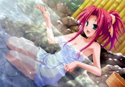 Rule 34 | 1990s (style), 1girl, breasts, cleavage, hair ornament, hairclip, hinata mutsuki, long hair, onsen, open mouth, pia carrot (series), pia carrot e youkoso!!, pia carrot e youkoso!! g.p., ponytail, red hair, satou hina, sitting, smile, snow, tagme, towel, wallpaper