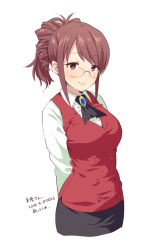 Rule 34 | 1girl, arms behind back, bad id, bad pixiv id, black neckwear, black skirt, blush, breasts, brooch, brown hair, character request, closed mouth, collared shirt, glasses, idolmaster, idolmaster cinderella girls, jewelry, looking at viewer, medium breasts, ponytail, purple eyes, red vest, shirt, simple background, skirt, smile, solo, swept bangs, translation request, uccow, vest, white background, white shirt