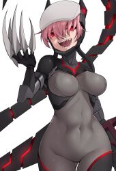 Rule 34 | 1girl, act (xadachit), black bodysuit, bodysuit, breasts, claws, codename: bakery girl, covered navel, cowboy shot, highres, looking at viewer, mechanical tail, open mouth, pink hair, red eyes, reverse collapse (series), sharp teeth, short hair, simple background, smile, solo, sugar (bakery girl), tail, teeth, white background