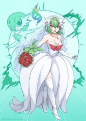 Rule 34 | 1girl, artist name, bare shoulders, boots, bouquet, bow, breasts, bridal veil, bride, cleavage, creatures (company), dress, dual persona, flower, game freak, gardevoir, gen 3 pokemon, gloves, green hair, high heel boots, high heels, highres, jewelry, knee boots, mega gardevoir, mega pokemon, mono land, necklace, nintendo, open mouth, personification, pokemon, pokemon (creature), red eyes, thigh boots, thighhighs, veil, watermark, web address, wedding, wedding dress, white dress, white footwear, white gloves, white heels, white thighhighs