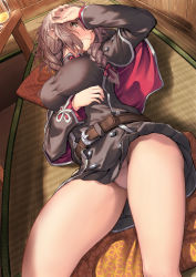 Rule 34 | 1girl, belt, black dress, blush, braid, breasts, brown belt, brown eyes, brown hair, buttons, capelet, closed mouth, clothes lift, commentary, covering privates, cup, dress, dress lift, drunk, highres, indoors, kantai collection, large breasts, long hair, long sleeves, looking at viewer, panties, pillow, pleated dress, red ribbon, ribbon, shinshuu maru (kancolle), solo, sweatdrop, thighs, twin braids, underwear, white panties, zombie mogura