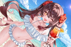 Rule 34 | 1girl, alternate costume, bare shoulders, beach, bikini, black nails, brown hair, cloud, cloudy sky, cup, flower-shaped pupils, genshin impact, hair between eyes, highres, holding, holding cup, hu tao (genshin impact), long hair, looking at viewer, myless, navel, one eye closed, open mouth, outdoors, red eyes, sky, smile, solo, standing, stomach, swimsuit, symbol-shaped pupils, twintails, white bikini