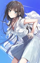 Rule 34 | 1girl, absurdres, bare arms, black hair, blue eyes, blue skirt, closed mouth, cloud, contrail, day, hand on own hip, highres, leaning forward, long hair, looking at viewer, original, outdoors, shirt, shirt tucked in, short sleeves, skirt, solo, striped clothes, striped skirt, vertical-striped clothes, vertical-striped skirt, wata (attaka towel), white shirt, wind