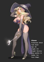 Rule 34 | 1girl, absurdres, areola slip, blonde hair, blue eyes, breasts, character name, chunlieater, diana cavendish, elbow gloves, english text, gloves, grey gloves, grey thighhighs, hat, high heels, highres, large breasts, little witch academia, long hair, looking at viewer, open mouth, skindentation, smile, solo, thighhighs, wand, witch, witch hat