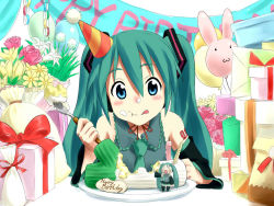 Rule 34 | 2girls, :q, aqua hair, balloon, birthday, blue eyes, cake, detached sleeves, flower, food, food on face, fork, gift, hachune miku, hatsune miku, multiple girls, nathaniel pennel, necktie, pastry, pennel, spring onion, tongue, tongue out, twintails, vocaloid
