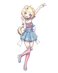 Rule 34 | 1girl, :d, aegissanp, animal ears, arm up, artist name, back bow, blonde hair, blue eyes, blush, borrowed character, bow, breasts, choker, cleavage, clenched hand, commission, dog ears, dog girl, dog tail, dress, dress bow, fangs, hand up, high heels, highres, lace trim, looking at viewer, medium hair, open mouth, original, parted bangs, pleated dress, ribbon choker, short sleeves, small breasts, smile, bow legwear, solo, standing, standing on one leg, strapless, strapless dress, tail, thighhighs, v, white background