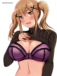 Rule 34 | 1girl, absurdres, arm at side, bang dream!, black sweater, blonde hair, blush, box wonderland, bra, breasts, cleavage, clothes lift, commentary, crossed bangs, hair between eyes, hair ornament, hand on own chest, hand up, head tilt, highres, ichigaya arisa, large breasts, lifted by self, long hair, long sleeves, looking at viewer, navel, open mouth, purple bra, ribbed sweater, sidelocks, simple background, sleeves past wrists, solo, stomach, sweater, sweater lift, turtleneck, turtleneck sweater, twintails, twitter username, underwear, upper body, wavy mouth, white background, x hair ornament, yellow eyes