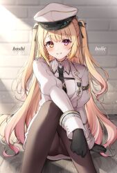 Rule 34 | 1girl, against wall, arm support, black gloves, black pantyhose, blonde hair, blush, brick wall, commentary, english commentary, feet out of frame, gloves, gradient hair, heterochromia, highres, hoshikawa sara, hoshikawa sara (6th costume), long hair, long sleeves, looking at viewer, military uniform, multicolored hair, nijisanji, pantyhose, pink eyes, pink hair, sitting, smile, solo, two side up, uniform, very long hair, virtual youtuber, white headwear, yellow eyes, zky (oekaky)