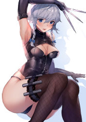 Rule 34 | 1girl, :q, alternate costume, amano hagoromo, arm above head, arm up, armpits, ass, bare shoulders, between fingers, black gloves, black leotard, black thighhighs, blue bow, blue eyes, blush, bow, braid, breasts, cleavage, elbow gloves, feet out of frame, fishnet thighhighs, fishnets, glint, gloves, hair between eyes, hair bow, hair ribbon, highres, holding, holding knife, izayoi sakuya, knife, legband, leotard, looking at viewer, medium breasts, no headwear, parted lips, ribbon, short hair with long locks, side braids, silver hair, solo, swept bangs, thighhighs, throwing knife, tongue, tongue out, touhou, tress ribbon, twin braids, weapon
