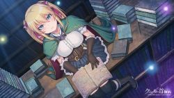 Rule 34 | 1girl, belt, black footwear, black thighhighs, blonde hair, blue eyes, book, book stack, bookshelf, boots, breasts, cape, copyright name, corset, dutch angle, from above, gloves, green cape, hair ribbon, highres, large breasts, looking at viewer, mahito, red ribbon, ribbon, sitting, solo, thighhighs, watermark