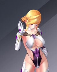 Rule 34 | 1girl, 3d, action taimanin, alternate costume, alternate hairstyle, animated, bare legs, blonde hair, blue eyes, bouncing breasts, breasts, highleg, highleg leotard, impossible clothes, impossible leotard, large breasts, leotard, lilith-soft, looking at viewer, official alternate costume, pointy ears, revealing clothes, screencap, shinganji kurenai, shiny skin, short hair, smile, solo, sound, tagme, taimanin (series), taimanin kurenai, talking, thong leotard, twintails, two side up, video, wide hips