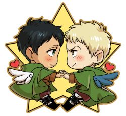 Rule 34 | 2boys, bertolt hoover, blonde hair, blush, brown hair, capelet, chibi, couple, eye contact, feathered wings, green capelet, holding hands, heart, interlocked fingers, looking at another, male focus, multiple boys, nene (10575936), reiner braun, shingeki no kyojin, short hair, wings, yaoi