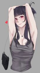 Rule 34 | 1girl, armpits, arms up, bag, barcode, barcode tattoo, black bra, black dress, black hair, black nails, blunt bangs, blush, bra, breast tattoo, breasts, closed mouth, covered navel, d (killer wife) (nikke), d (nikke), dongtan dress, dress, goddess of victory: nikke, grey background, hair ornament, hairclip, handbag, heart, heart necklace, jewelry, long hair, looking at viewer, medium breasts, meme attire, nail polish, necklace, official alternate costume, red eyes, smile, solo, tattoo, underwear, xiran art