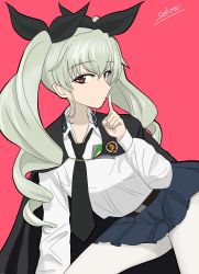 Rule 34 | 1girl, absurdres, anchovy (girls und panzer), anzio (emblem), anzio school uniform, artist name, belt, black belt, black cape, black necktie, black ribbon, black skirt, cape, commentary, dress shirt, drill hair, emblem, finger to mouth, girls und panzer, green hair, hair ribbon, half-closed eyes, highres, index finger raised, leaning forward, long hair, long sleeves, looking at viewer, miniskirt, necktie, pantyhose, pleated skirt, red background, red eyes, ribbon, school uniform, sekirei tessar, shirt, shushing, signature, skirt, solo, standing, twin drills, twintails, white pantyhose, white shirt, wing collar