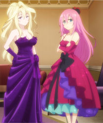 Rule 34 | 10s, 2girls, bare shoulders, blonde hair, blue eyes, blush, bow, breasts, claudia enfield, cleavage, dress, gakusen toshi asterisk, highres, julis-alexia von riessfeld, large breasts, long hair, looking at viewer, multiple girls, pink hair, purple eyes, screencap, smile, standing, stitched, third-party edit