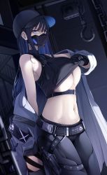 Rule 34 | 1girl, absurdres, armband, bare shoulders, baseball cap, belt, black belt, black gloves, black hair, black hat, black pants, black shirt, blue archive, blue eyes, breasts, buckle, chain, chest harness, clothes lift, coat, crop top, ddangbi, gloves, harness, hat, highres, holster, hook, knife sheath, large breasts, long hair, looking at viewer, mask, midriff, mouth mask, navel, off shoulder, pants, saori (blue archive), sheath, shirt, shirt lift, sleeveless, sleeveless shirt, snap-fit buckle, solo, thigh holster, underboob, underbust, white coat