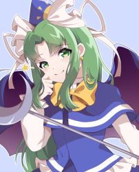 Rule 34 | 1girl, blue capelet, blue hat, blue skirt, blue vest, blush, bow, capelet, closed mouth, crescent, demon wings, earrings, frills, green eyes, green hair, happy, hat, highres, jewelry, blue background, long hair, long skirt, looking at viewer, milll 77, mima (touhou), moon, ribbon, shirt, simple background, skirt, smile, staff, star (symbol), sun print, touhou, touhou (pc-98), vest, white bow, white ribbon, white shirt, wings, wizard hat, yellow bow, yellow neckwear